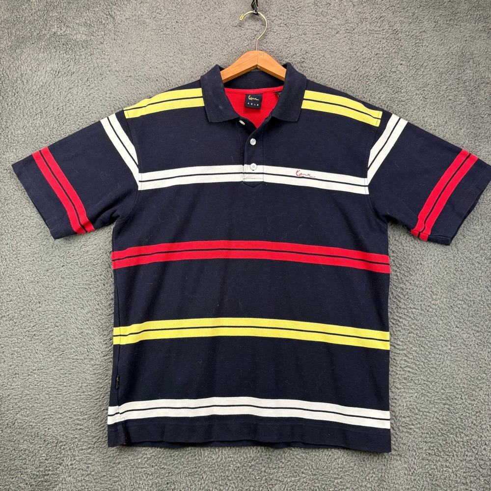 Karl Kani Gold Mens Large Navy Blue Striped Short Sleeve Polo Shirt Vintage 90s
